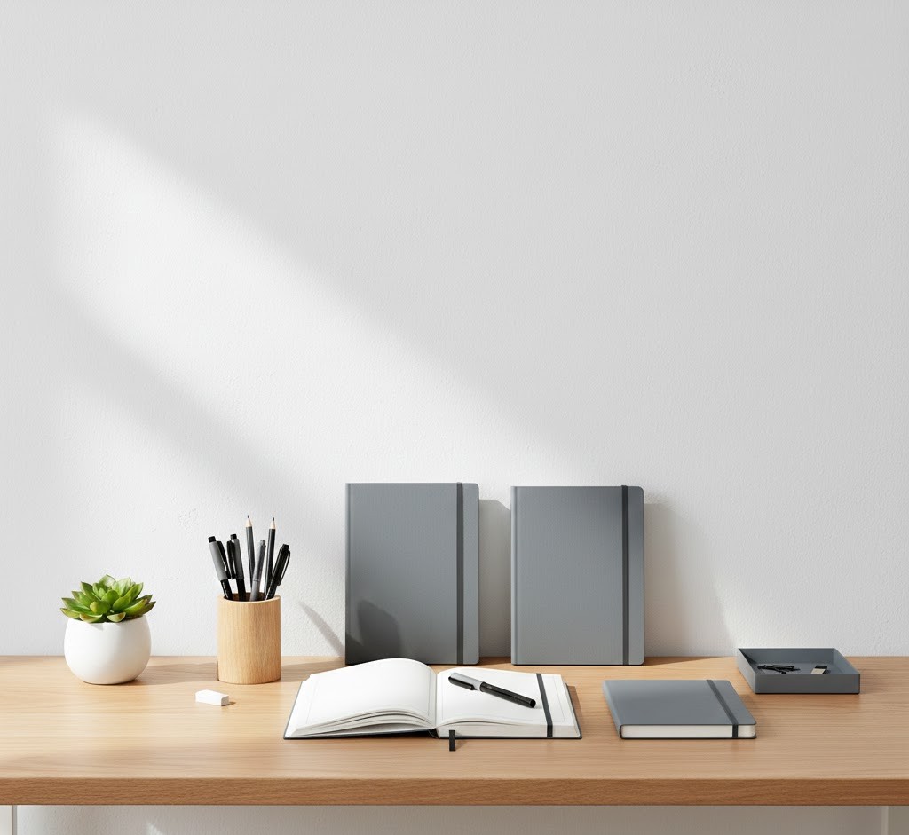 Carefully arranged desk accessories on wooden surface