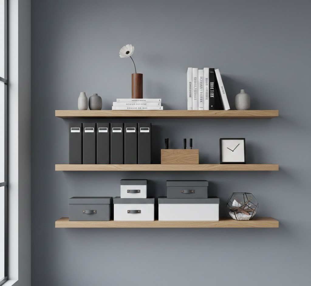 Wall-mounted floating shelves with organized items