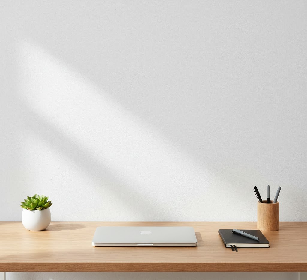 Minimalist organized wooden desk workspace