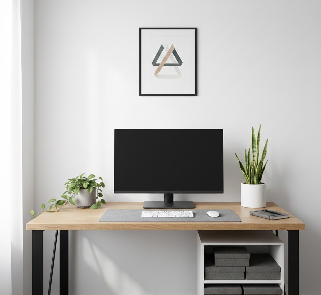 Desk with plants and organized workspace