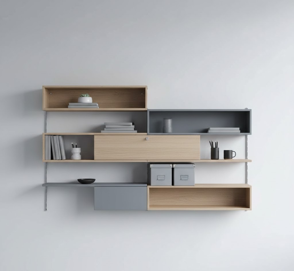 Wall-mounted storage system with shelves and compartments